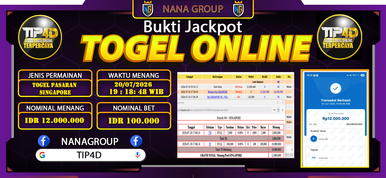 Bukti Kemenangan Besar Dibayar lunas Member TIP4D RP 12.000.000, 20 Juli 2026