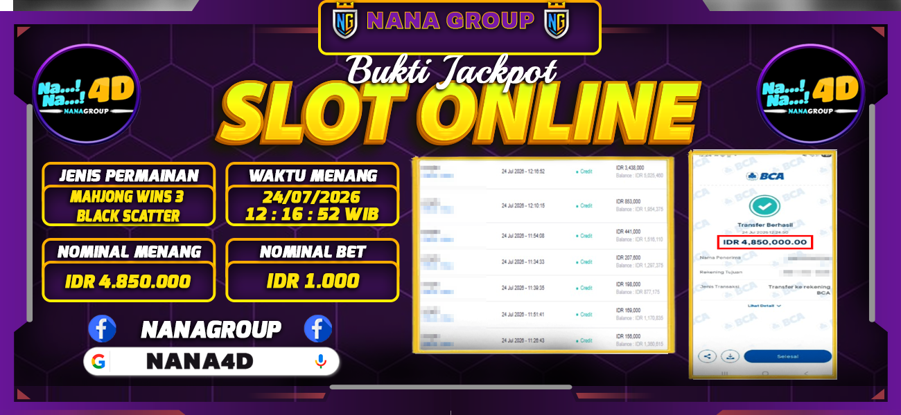 Bukti Kemenangan Besar Dibayar lunas Member NANA4D RP 4.850.000, 24 Juli 2026